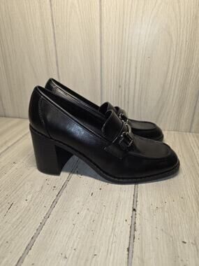 Marc Fisher Black Heeled Loafers 6M Block Heel Horsebit Lug Sole Shoes Preppy